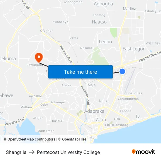 Shangrila to Pentecost University College map