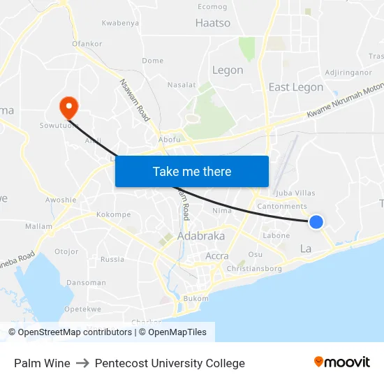 Palm Wine to Pentecost University College map