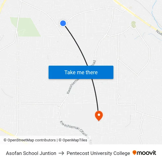 Asofan School Juntion to Pentecost University College map