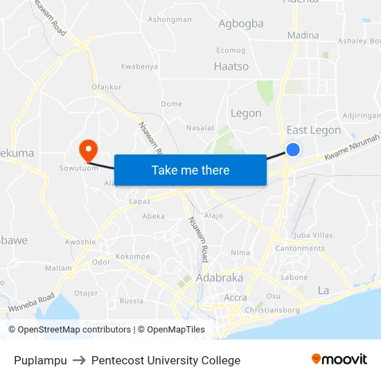 Puplampu to Pentecost University College map