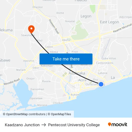 Kaadzano Junction to Pentecost University College map