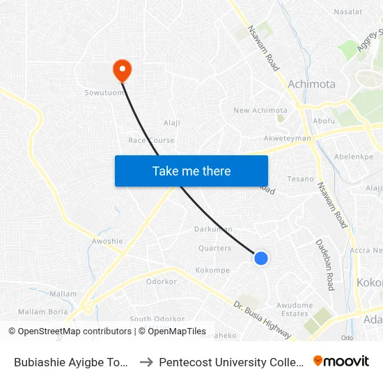 Bubiashie Ayigbe Town to Pentecost University College map
