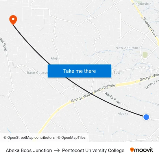 Abeka Bcos Junction to Pentecost University College map