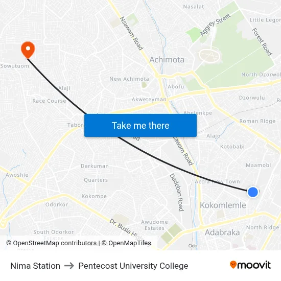 Nima Station to Pentecost University College map