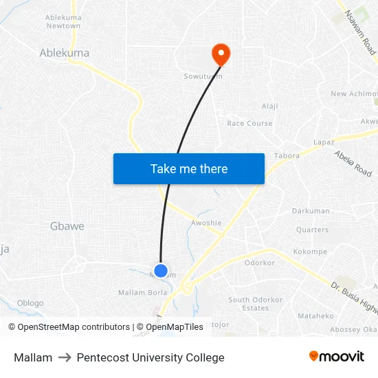 Mallam to Pentecost University College map