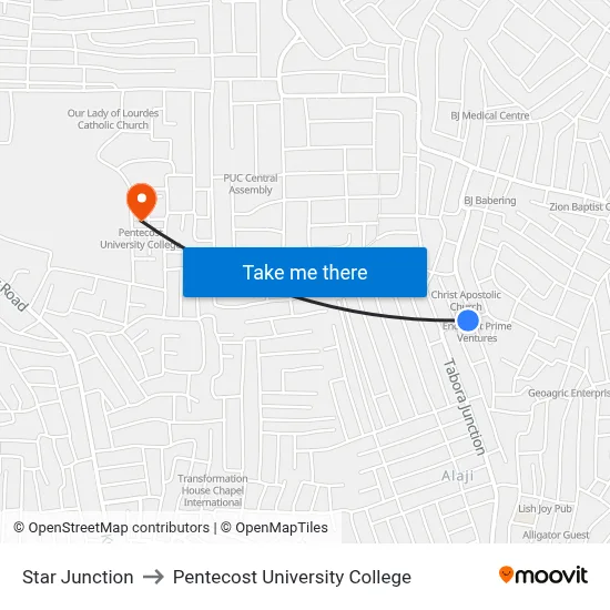 Star Junction to Pentecost University College map