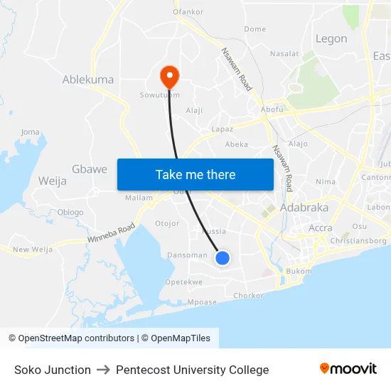 Soko Junction to Pentecost University College map