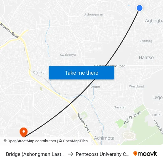 Bridge (Ashongman Last Stop) to Pentecost University College map