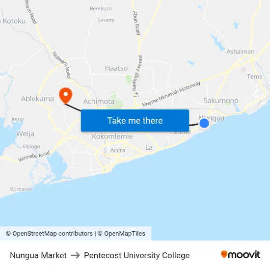 Nungua Market to Pentecost University College map