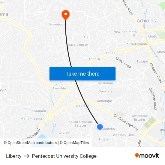 Liberty to Pentecost University College map