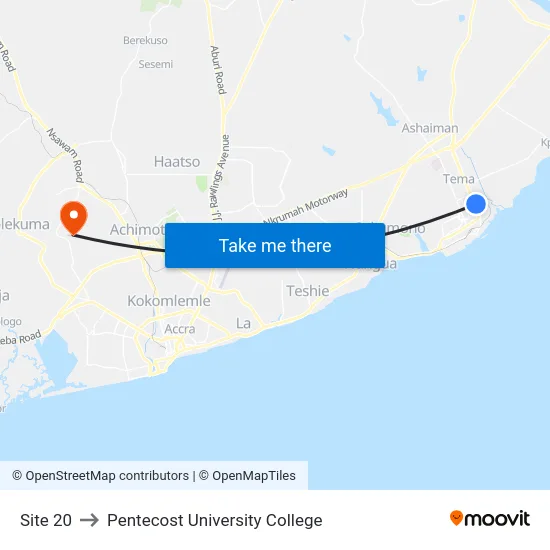 Site 20 to Pentecost University College map