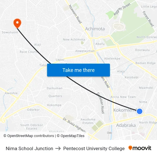 Nima School Junction to Pentecost University College map