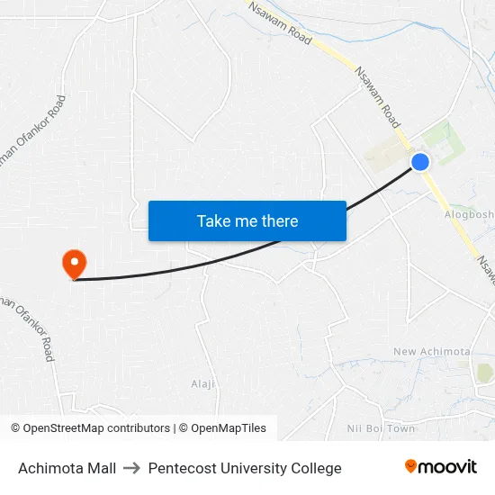 Achimota Mall to Pentecost University College map