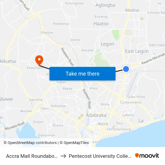 Accra Mall Roundabout to Pentecost University College map
