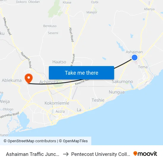 Ashaiman Traffic Junction to Pentecost University College map