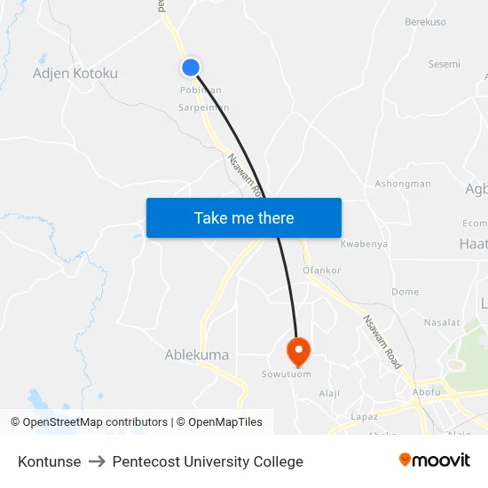 Kontunse to Pentecost University College map