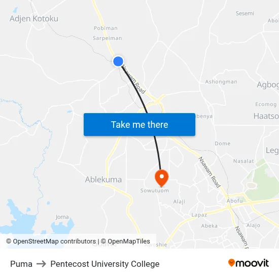 Puma to Pentecost University College map