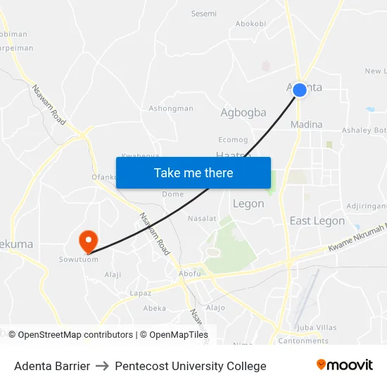 Adenta Barrier to Pentecost University College map