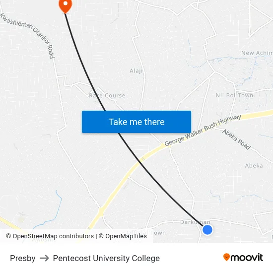 Presby to Pentecost University College map