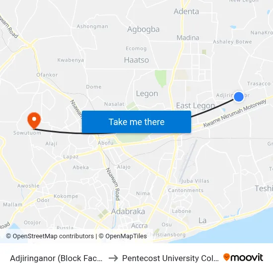 Adjiringanor (Block Factory) to Pentecost University College map