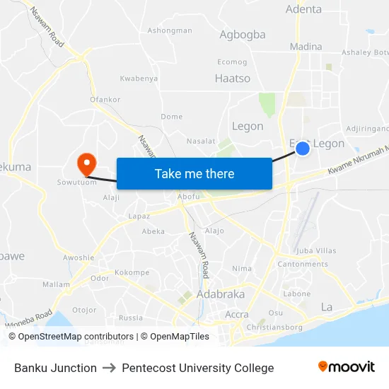 Banku Junction to Pentecost University College map