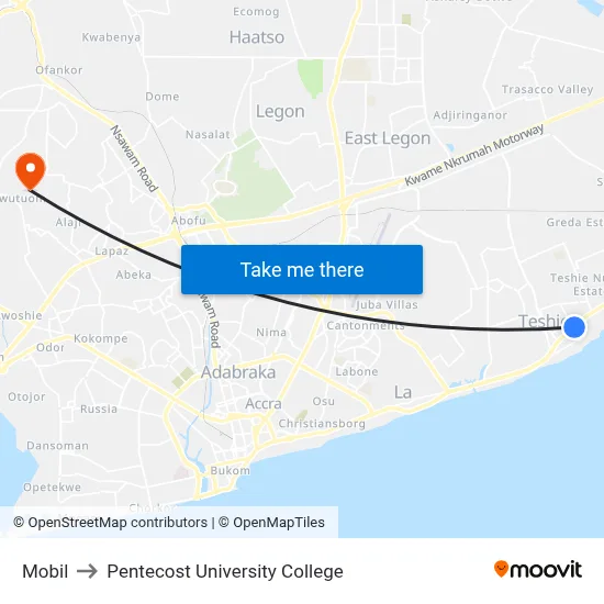 Mobil to Pentecost University College map