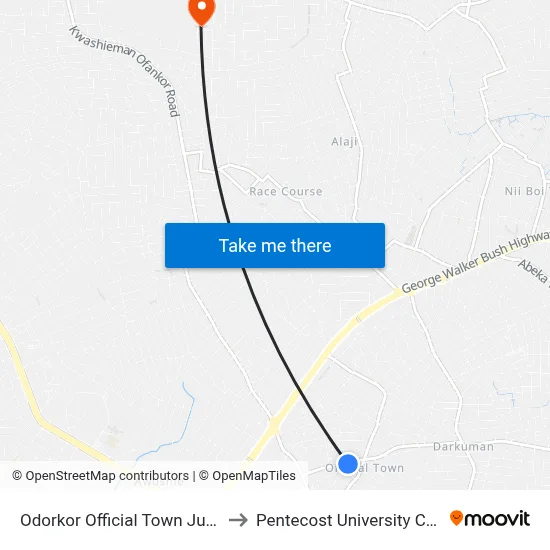 Odorkor Official Town Junction to Pentecost University College map