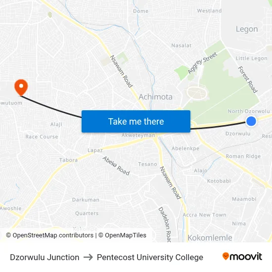 Dzorwulu Junction to Pentecost University College map