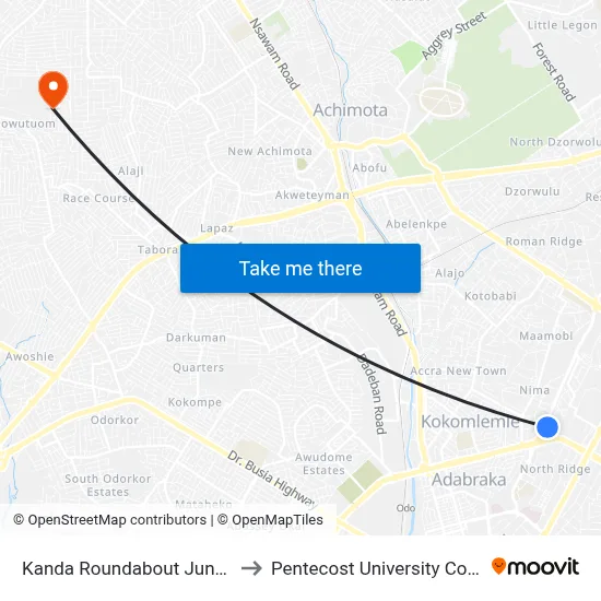 Kanda Roundabout Junction to Pentecost University College map