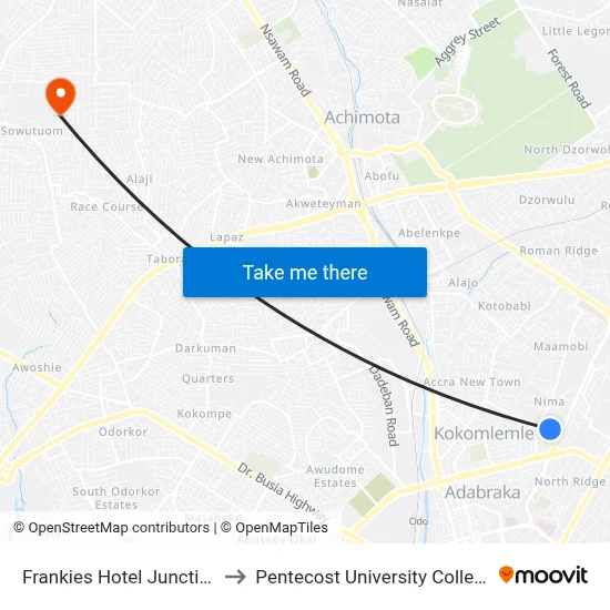 Frankies Hotel Junction to Pentecost University College map