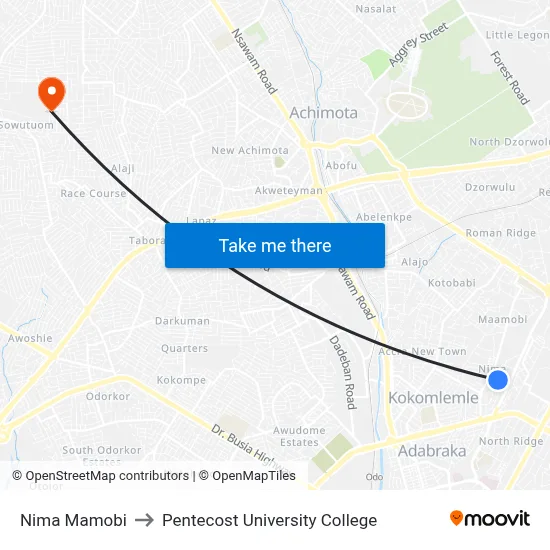 Nima Mamobi to Pentecost University College map