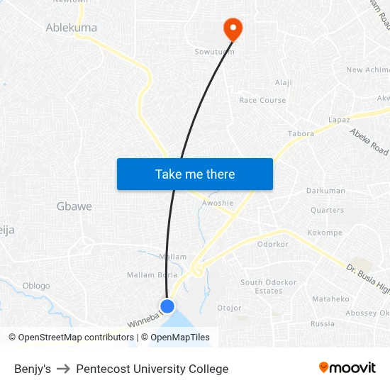 Benjy's to Pentecost University College map