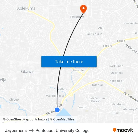 Jayeemens to Pentecost University College map