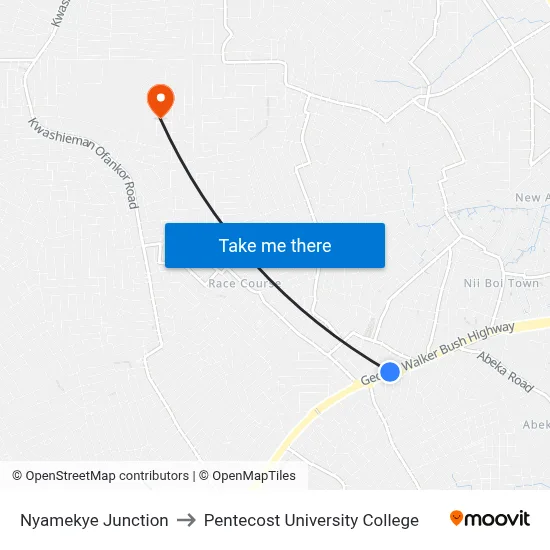Nyamekye Junction to Pentecost University College map