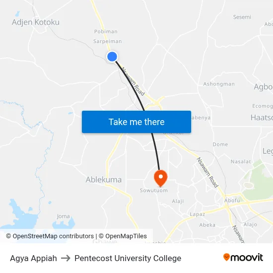 Agya Appiah to Pentecost University College map