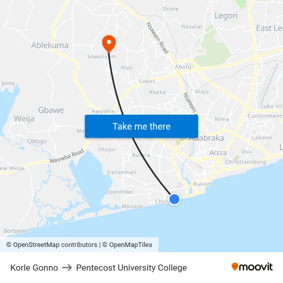 Korle Gonno to Pentecost University College map