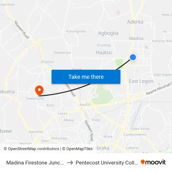 Madina Firestone Junction to Pentecost University College map