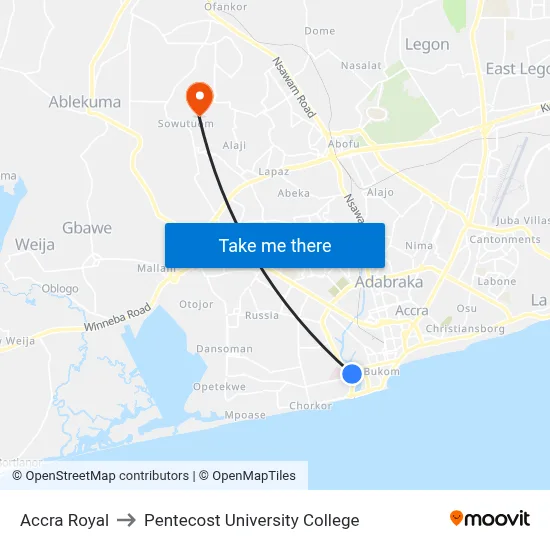 Accra Royal to Pentecost University College map