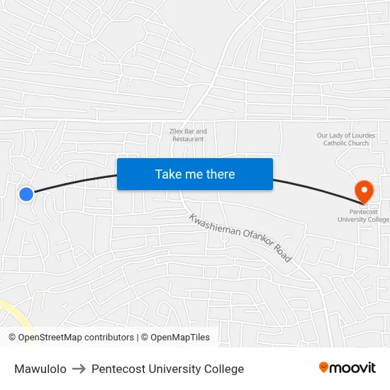 Mawulolo to Pentecost University College map