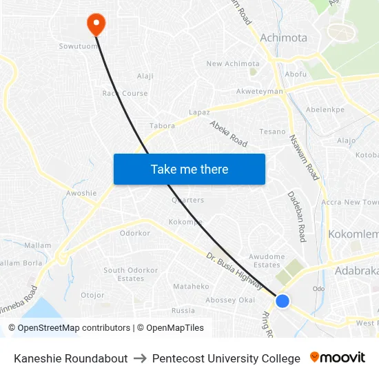 Kaneshie Roundabout to Pentecost University College map