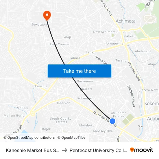 Kaneshie Market Bus Stop to Pentecost University College map