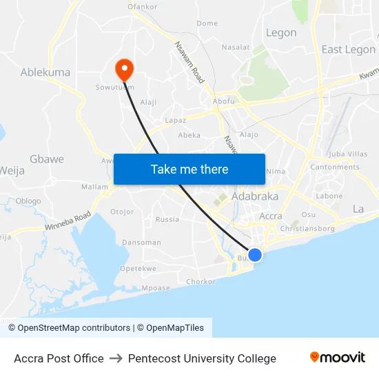 Accra Post Office to Pentecost University College map