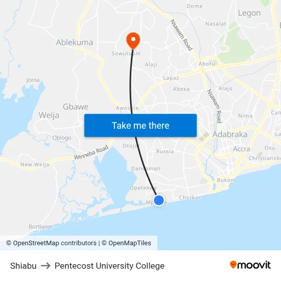 Shiabu to Pentecost University College map