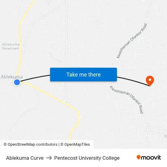 Ablekuma Curve to Pentecost University College map