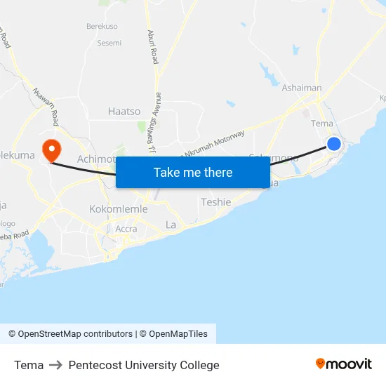 Tema to Pentecost University College map