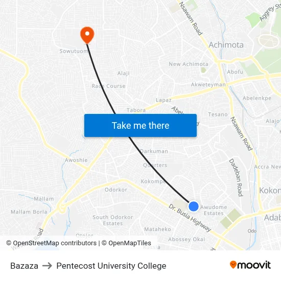 Bazaza to Pentecost University College map