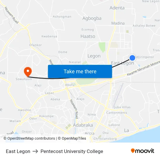 East Legon to Pentecost University College map