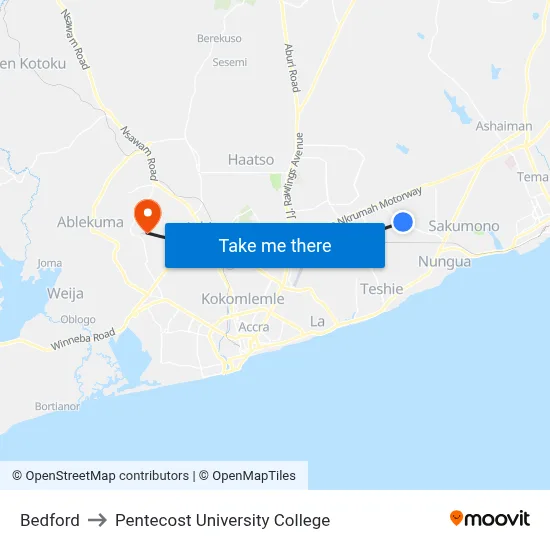 Bedford to Pentecost University College map