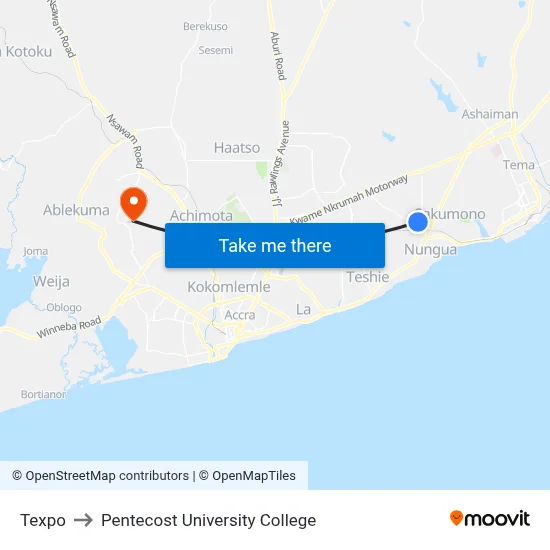 Texpo to Pentecost University College map