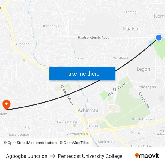 Agbogba Junction to Pentecost University College map